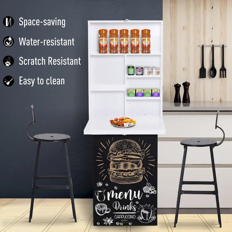 Bureau pliable mural avec tableau noir Étagères de rangement en bois blanc Gain de place