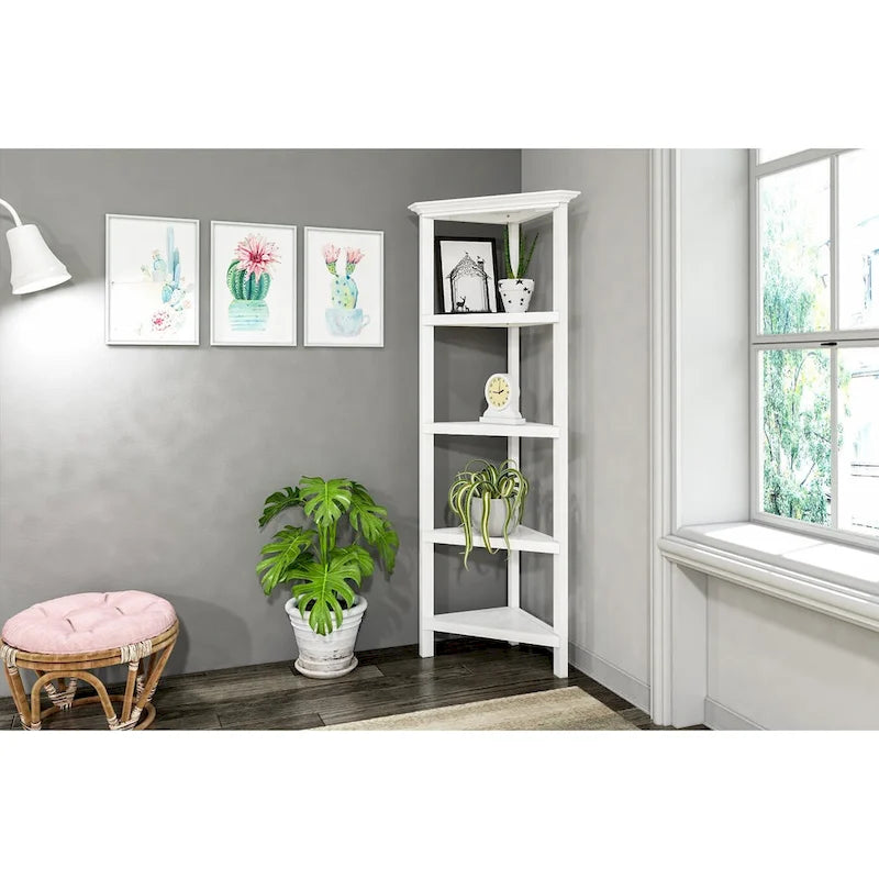 Étagère d'angle haute en bois 4 tablettes blanc Unité de rangement fixe