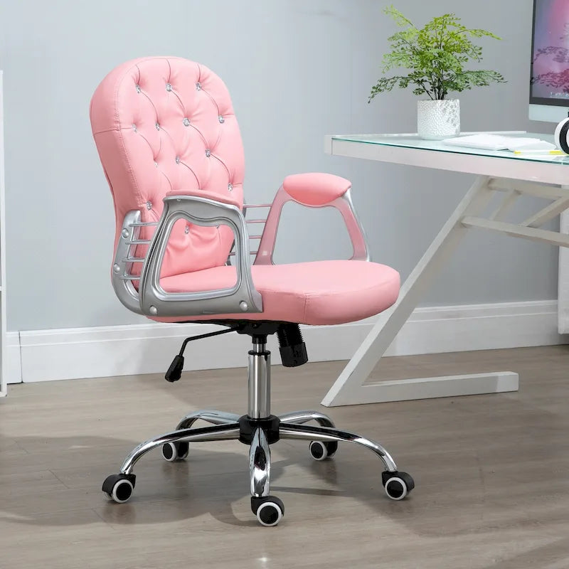 Chaise de bureau capitonnée en similicuir avec roulettes pivotantes et accoudoirs réglables, noir, rose, gris
