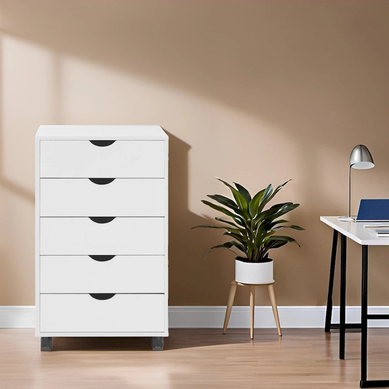 Meuble de rangement roulant en bois blanc à 5 tiroirs avec roulettes et poignées encastrées