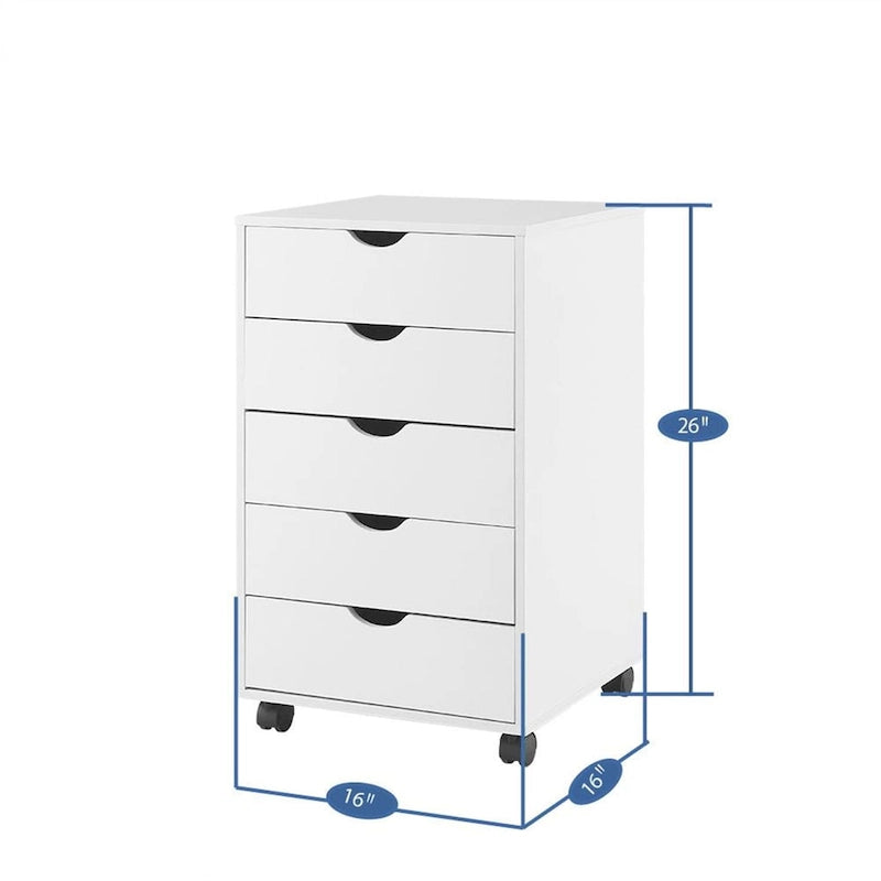 Meuble de rangement roulant en bois blanc à 5 tiroirs avec roulettes et poignées encastrées