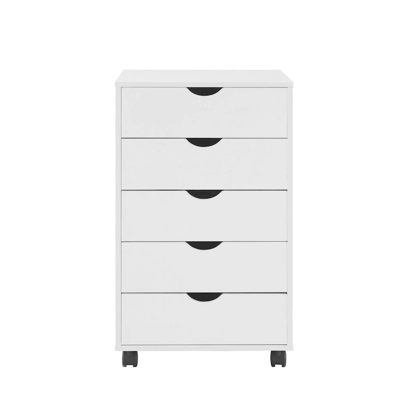 Meuble de rangement roulant en bois blanc à 5 tiroirs avec roulettes et poignées encastrées