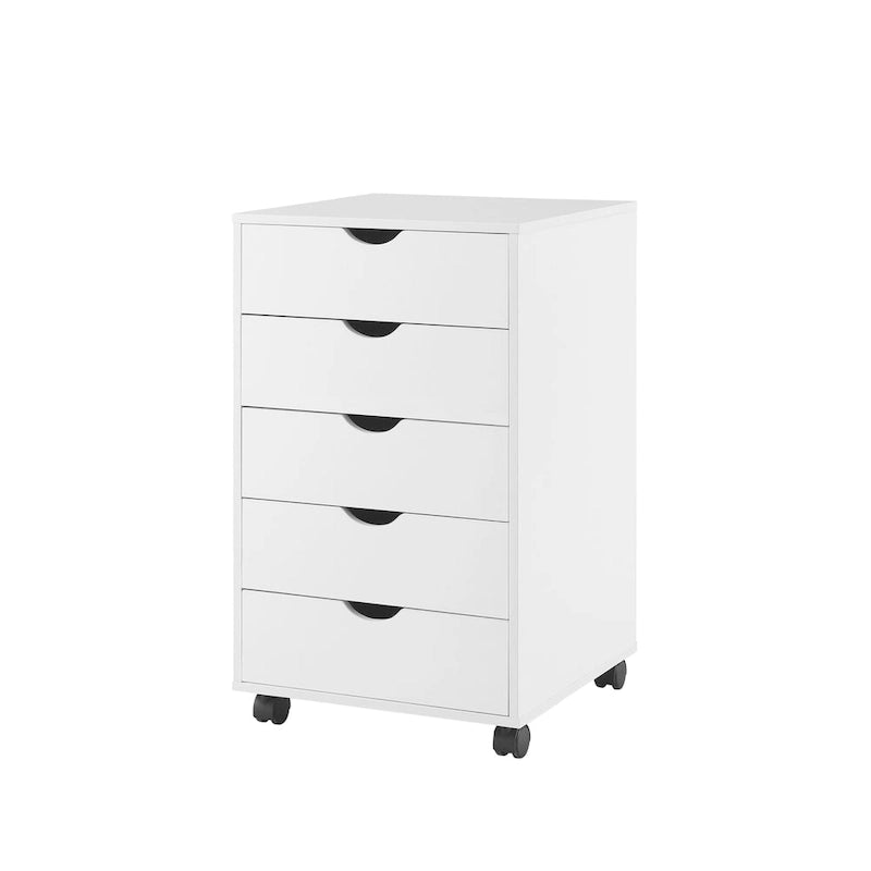 Meuble de rangement roulant en bois blanc à 5 tiroirs avec roulettes et poignées encastrées