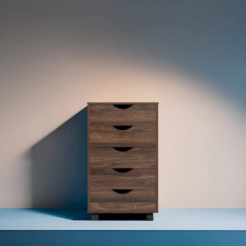 Meuble de rangement roulant en bois blanc à 5 tiroirs avec roulettes et poignées encastrées