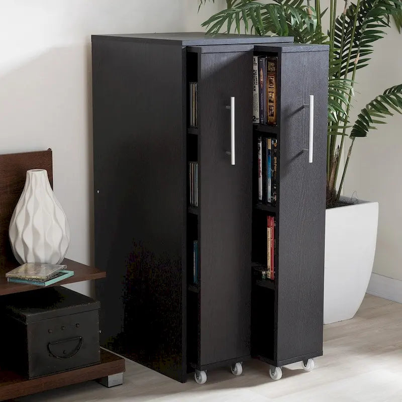Baxton Studio Lindo Dark Brown Wood Bookcase with Two Pulled-out Doors Shelving Cabinet