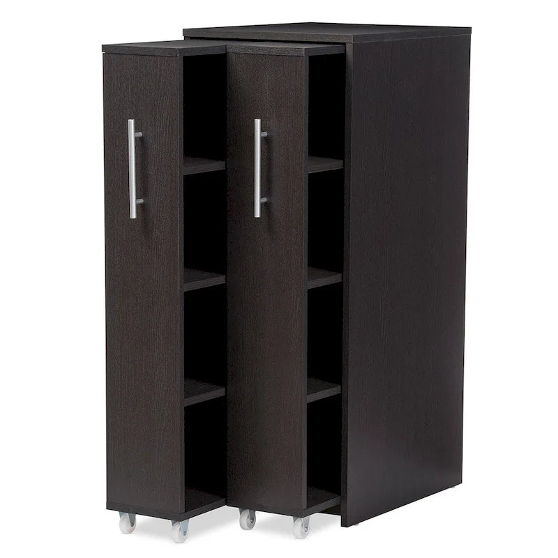 Bibliothèque-Cabinet en Bois Brun Expresso Foncé avec Étagères Coulissantes et Roulettes