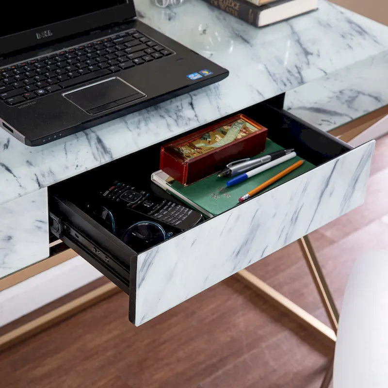 Bureau d'écriture glamour en faux marbre avec cadre en métal doré et tiroir à ouverture par poussée