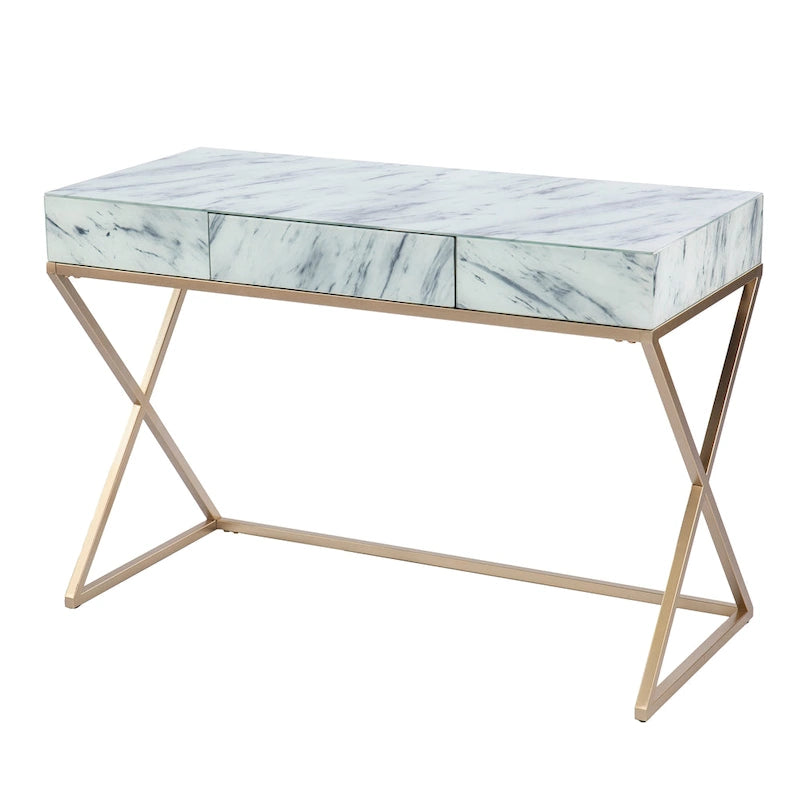 Bureau d'écriture glamour en faux marbre avec cadre en métal doré et tiroir à ouverture par poussée