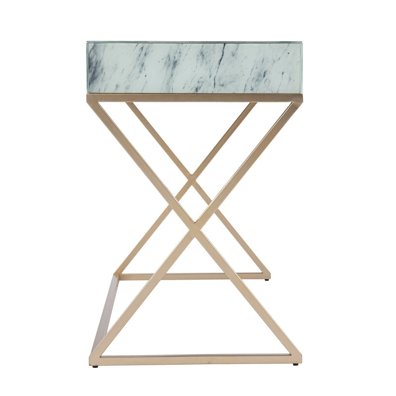 Bureau d'écriture glamour en faux marbre avec cadre en métal doré et tiroir à ouverture par poussée