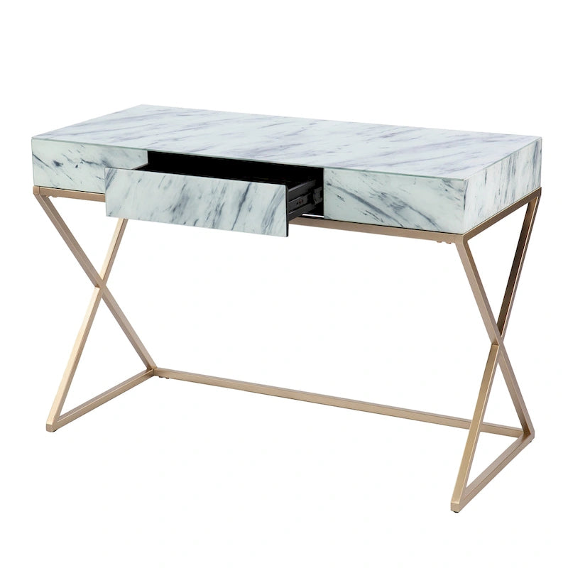 Bureau d'écriture glamour en faux marbre avec cadre en métal doré et tiroir à ouverture par poussée