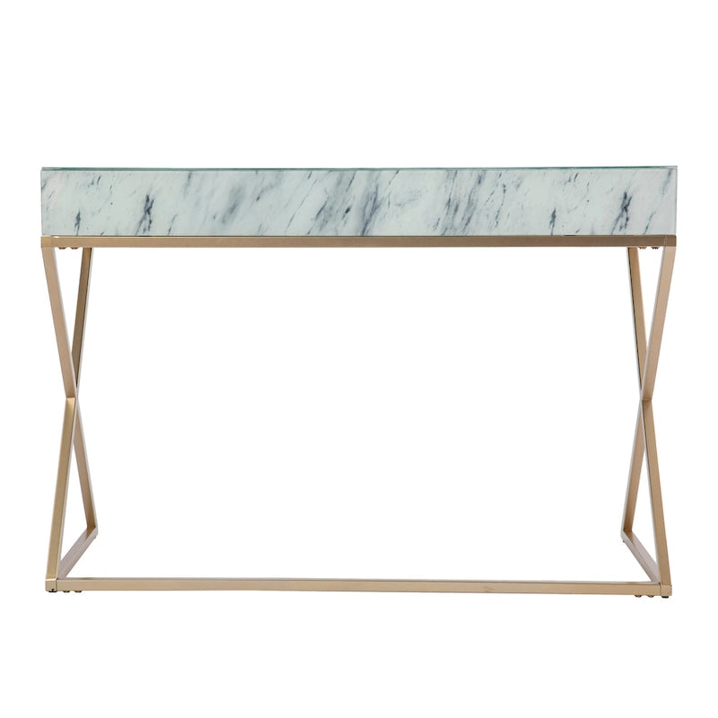 Bureau d'écriture glamour en faux marbre avec cadre en métal doré et tiroir à ouverture par poussée