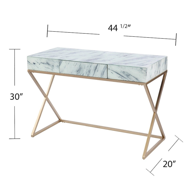 Bureau d'écriture glamour en faux marbre avec cadre en métal doré et tiroir à ouverture par poussée