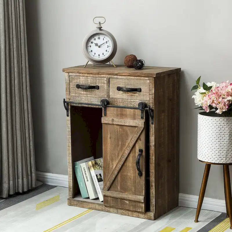 Meuble de rangement marron rustique avec porte coulissante de style grange et deux tiroirs