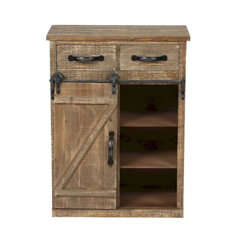 Meuble de rangement marron rustique avec porte coulissante de style grange et deux tiroirs