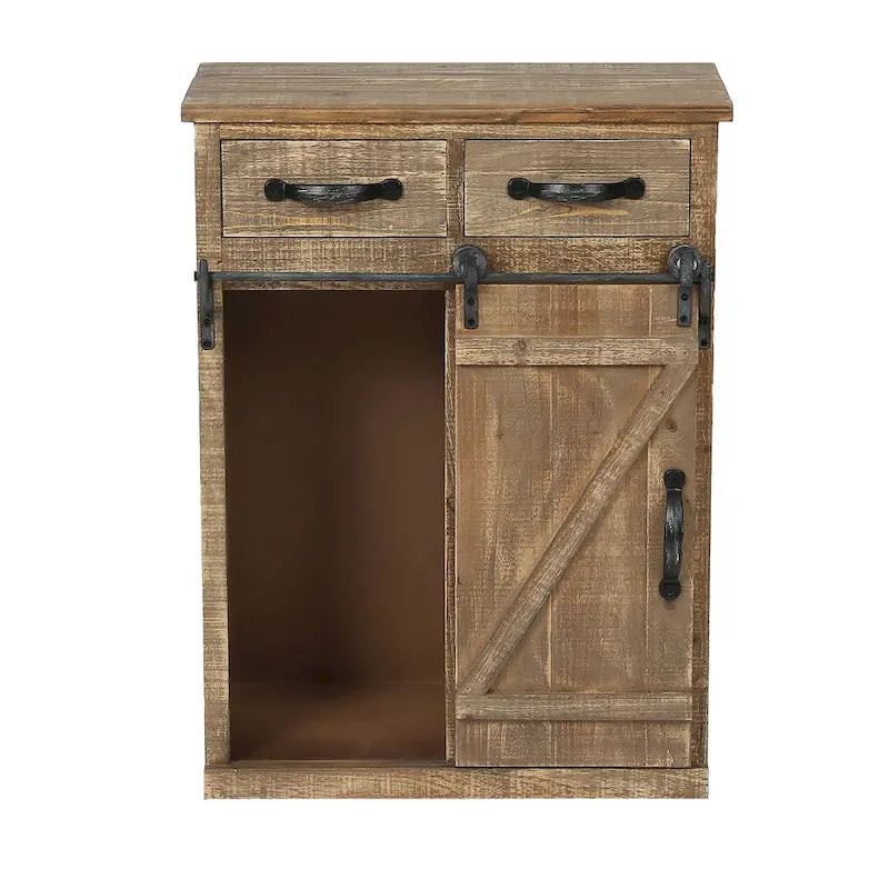 Meuble de rangement marron rustique avec porte coulissante de style grange et deux tiroirs