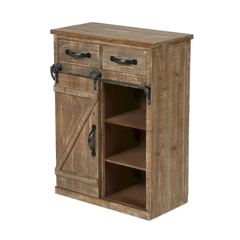 Meuble de rangement marron rustique avec porte coulissante de style grange et deux tiroirs
