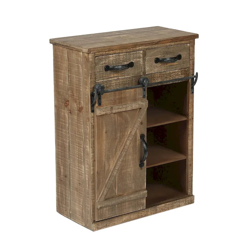 Meuble de rangement marron rustique avec porte coulissante de style grange et deux tiroirs