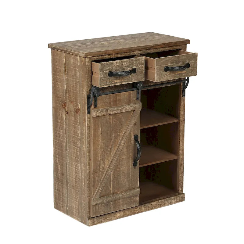 Meuble de rangement marron rustique avec porte coulissante de style grange et deux tiroirs