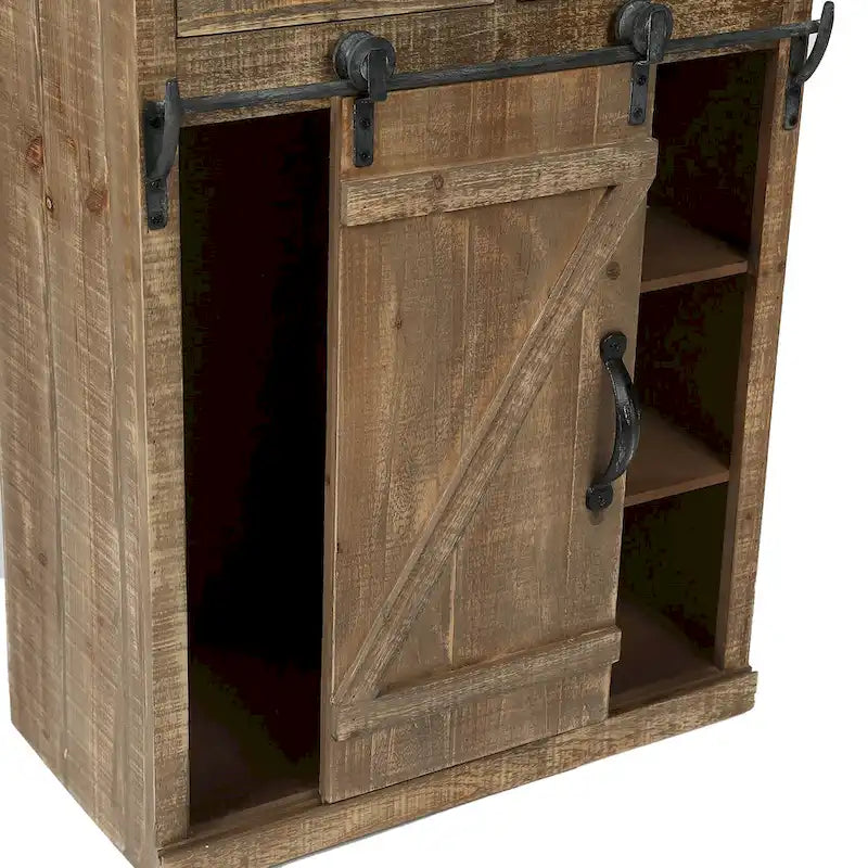 Meuble de rangement marron rustique avec porte coulissante de style grange et deux tiroirs