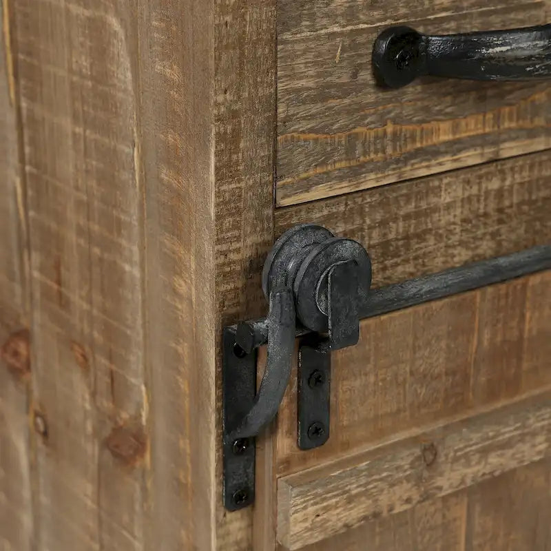 Meuble de rangement marron rustique avec porte coulissante de style grange et deux tiroirs