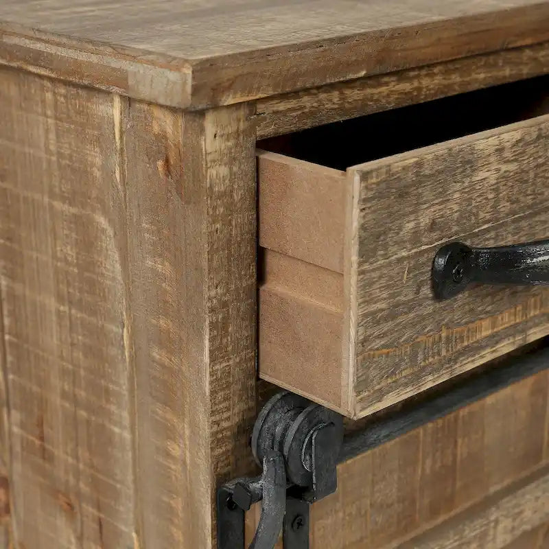Meuble de rangement marron rustique avec porte coulissante de style grange et deux tiroirs