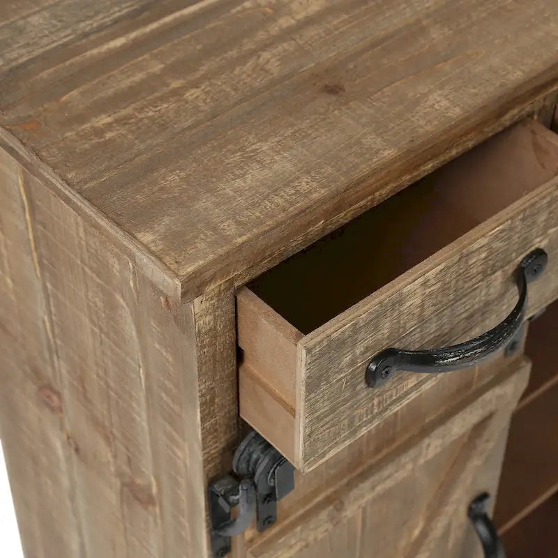 Meuble de rangement marron rustique avec porte coulissante de style grange et deux tiroirs