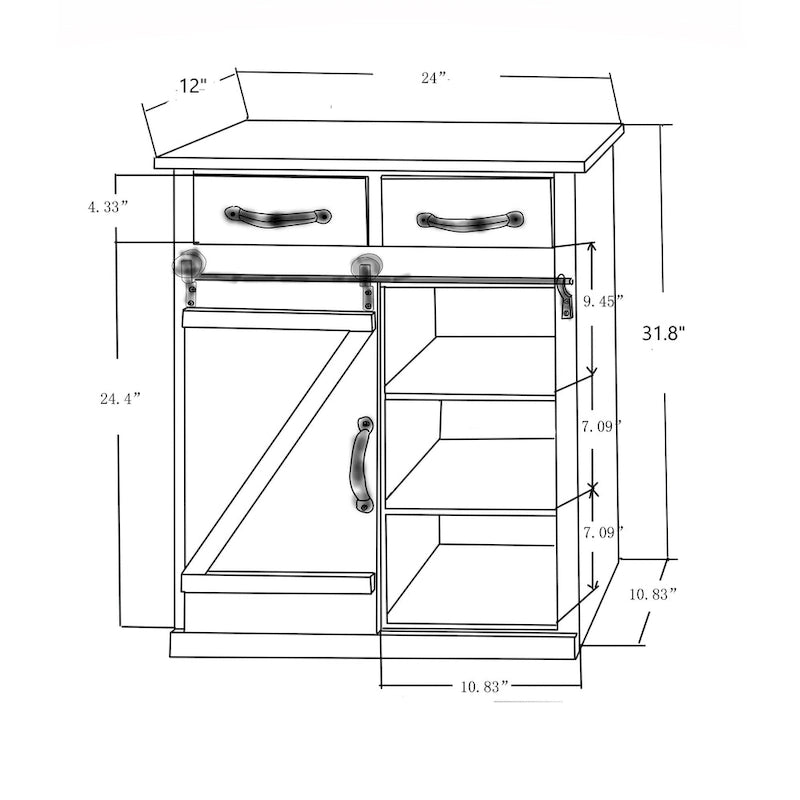 Meuble de rangement marron rustique avec porte coulissante de style grange et deux tiroirs