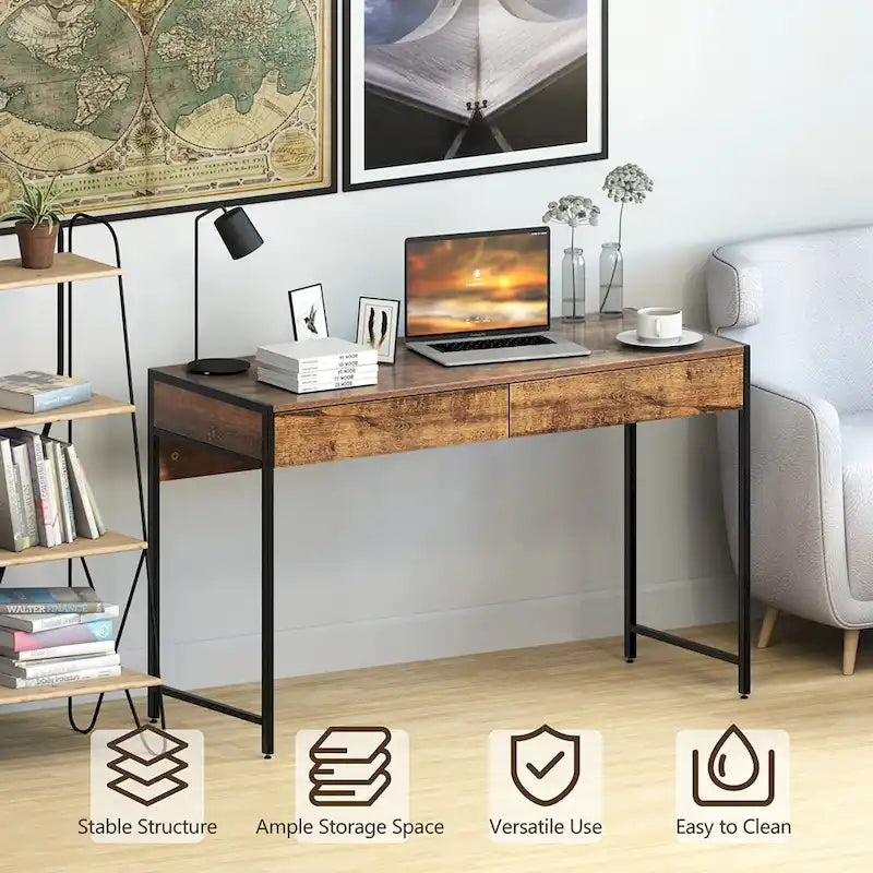 Bureau informatique en bois avec 2 tiroirs et cadre en acier, multicolore