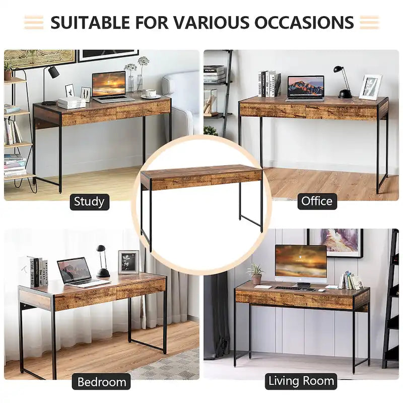 Bureau informatique en bois avec 2 tiroirs et cadre en acier, multicolore