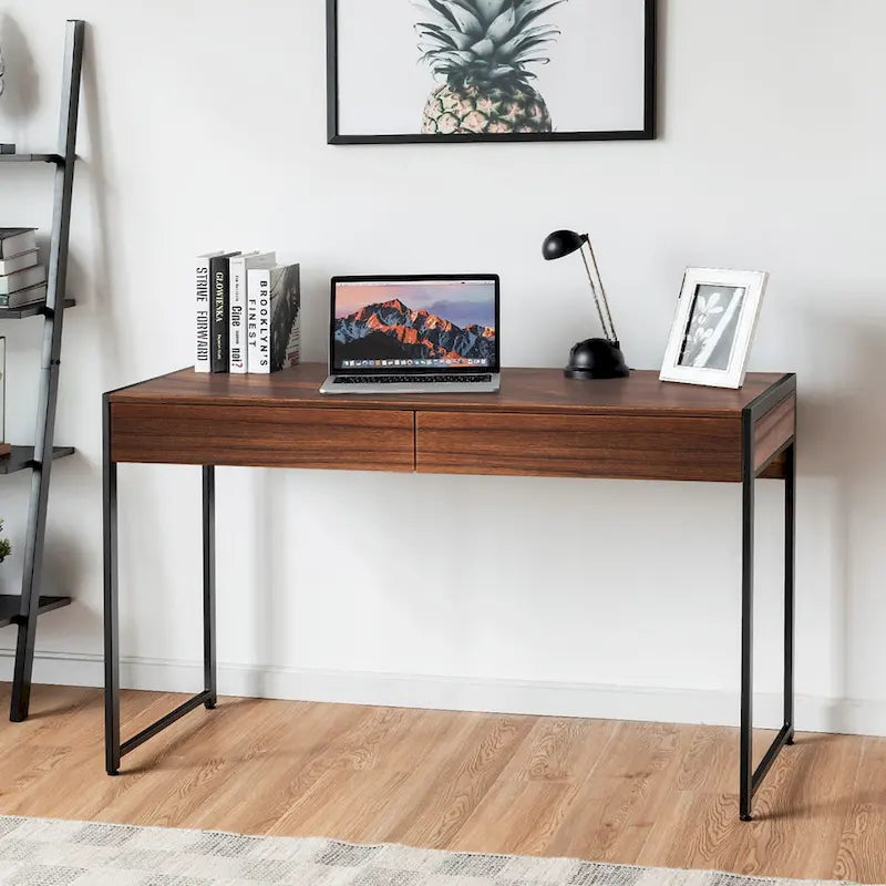 Bureau informatique en bois avec 2 tiroirs et cadre en acier, multicolore
