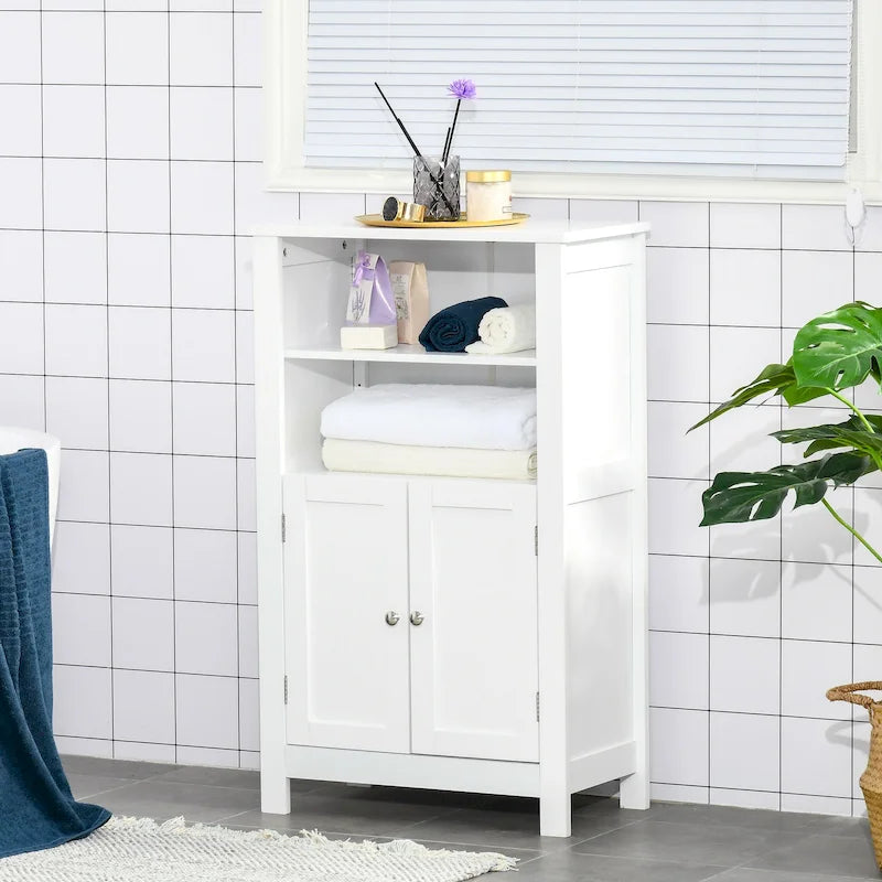 Meuble bas de salle de bain blanc avec double porte et étagères réglables