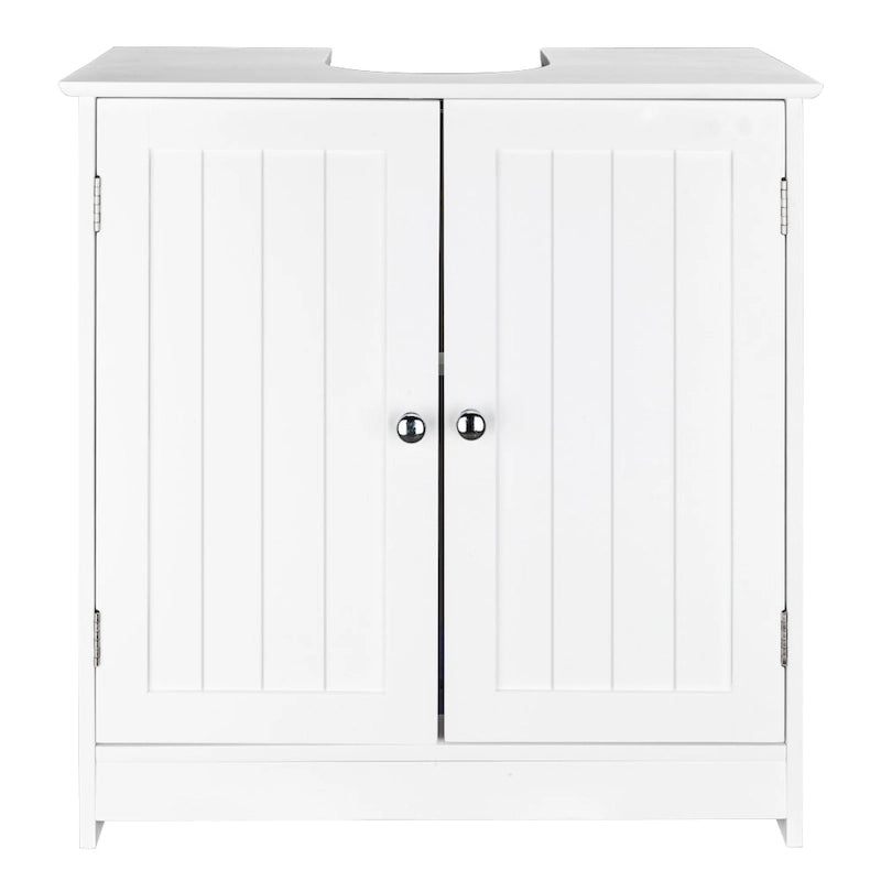 Meuble de rangement de salle de bain blanc sous évier avec portes doubles à lattes