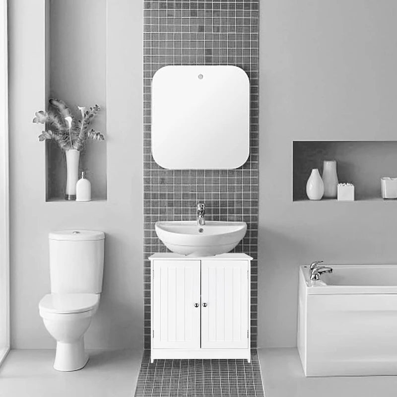 Meuble de rangement de salle de bain blanc sous évier avec portes doubles à lattes