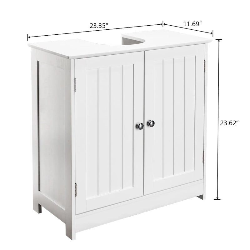 Meuble de rangement de salle de bain blanc sous évier avec portes doubles à lattes