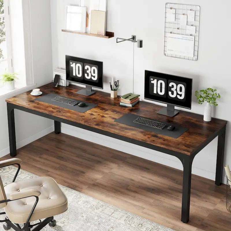 Bureau de style industriel avec pieds en métal et plateau rectangulaire marron noir blanc