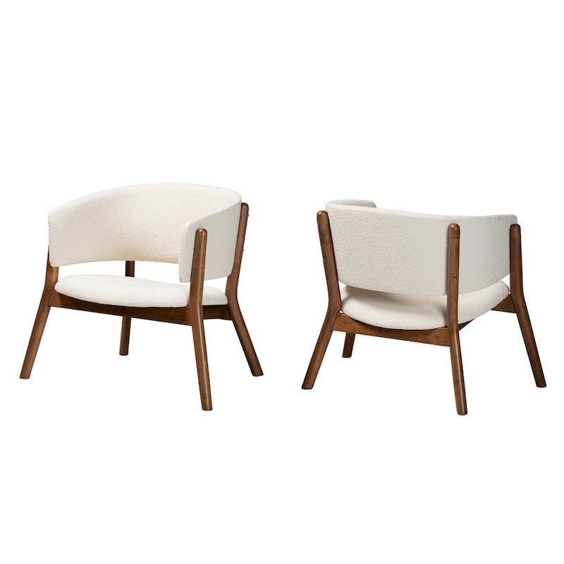Fauteuil d'appoint design Mid-Century Modern en tissu bouclé crème et bois de noyer brun