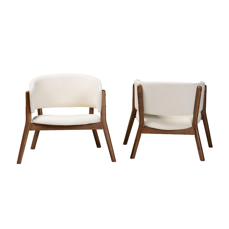Fauteuil d'appoint design Mid-Century Modern en tissu bouclé crème et bois de noyer brun