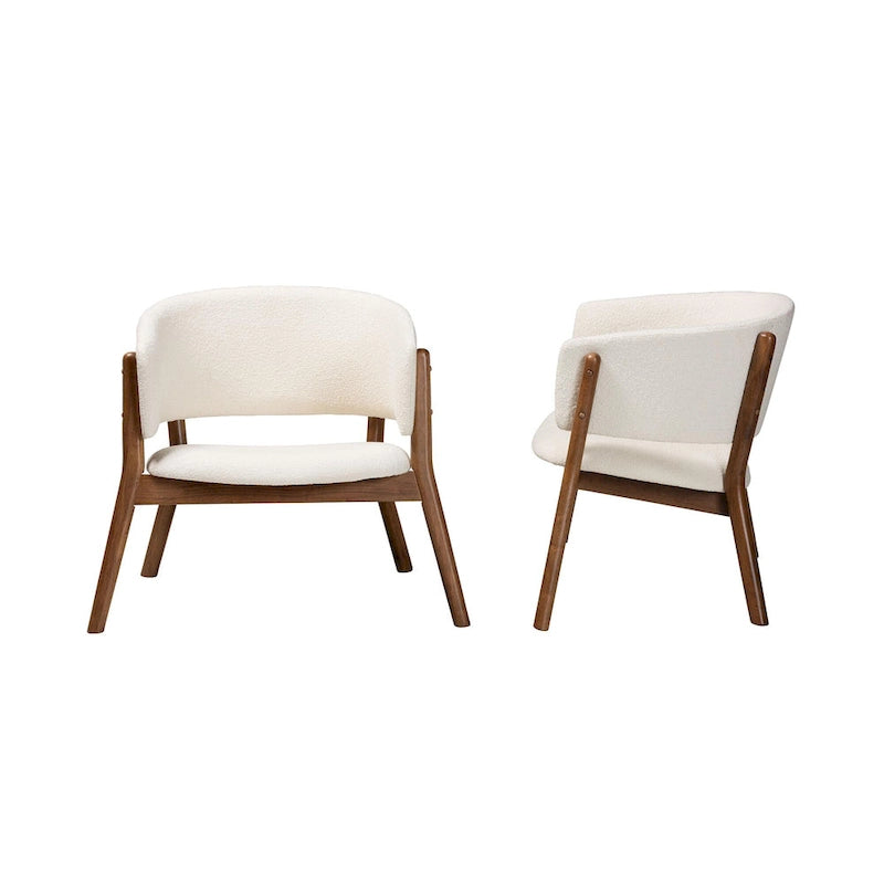 Fauteuil d'appoint design Mid-Century Modern en tissu bouclé crème et bois de noyer brun