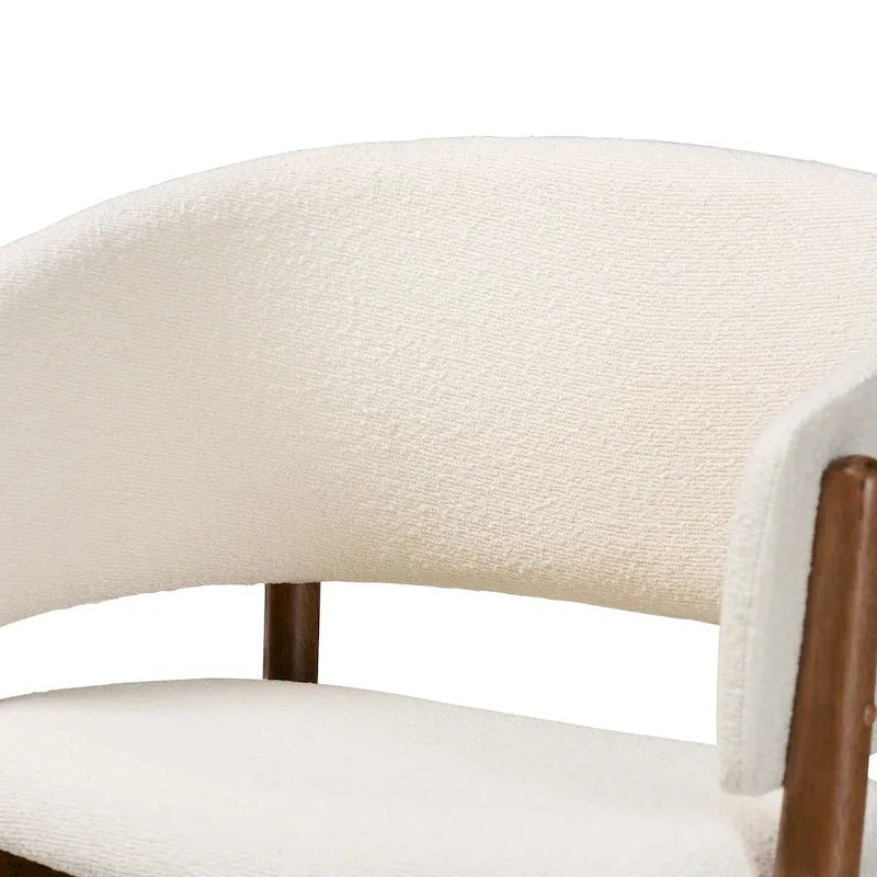 Fauteuil d'appoint design Mid-Century Modern en tissu bouclé crème et bois de noyer brun