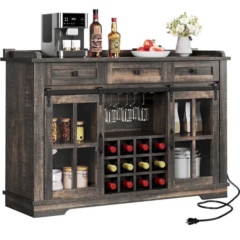 Meuble buffet de ferme avec porte coulissante style grange, porte-bouteilles et prise USB