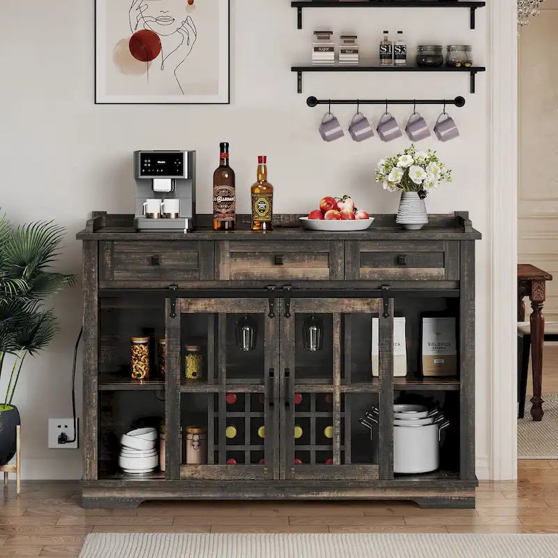 Meuble buffet de ferme avec porte coulissante style grange, porte-bouteilles et prise USB