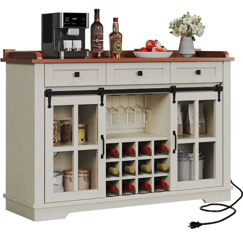 Meuble buffet de ferme avec porte coulissante style grange, porte-bouteilles et prise USB