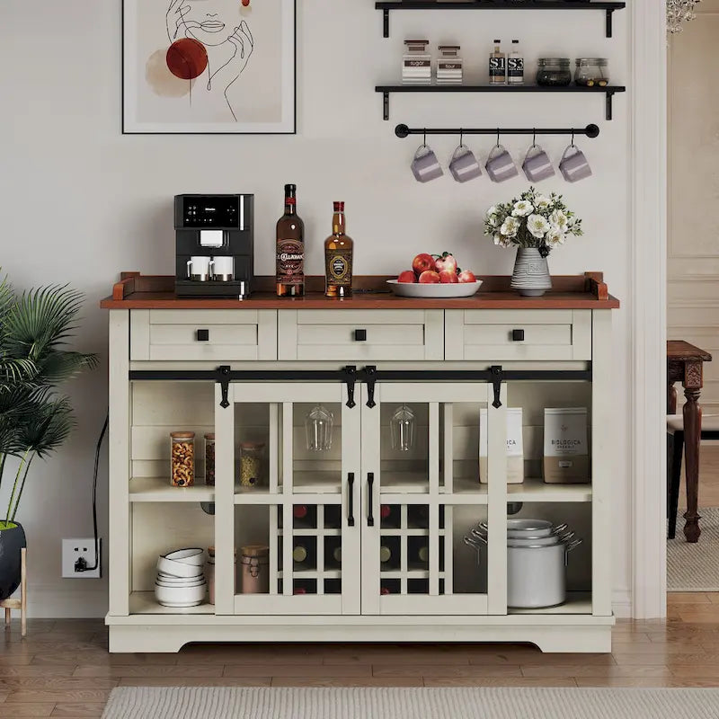 Meuble buffet de ferme avec porte coulissante style grange, porte-bouteilles et prise USB