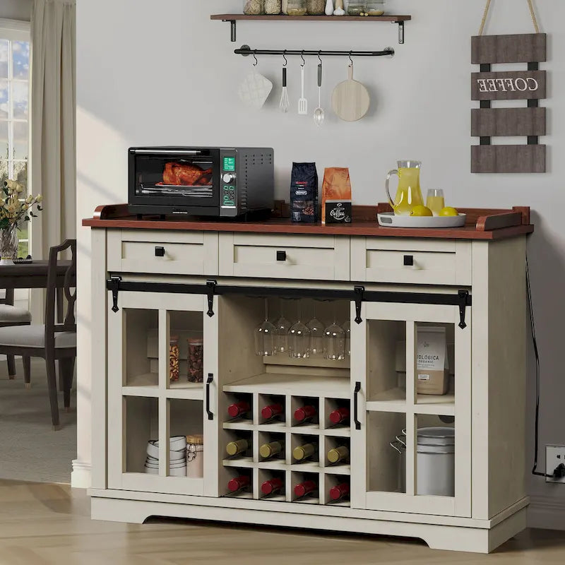 Meuble buffet de ferme avec porte coulissante style grange, porte-bouteilles et prise USB