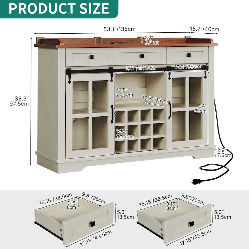 Meuble buffet de ferme avec porte coulissante style grange, porte-bouteilles et prise USB