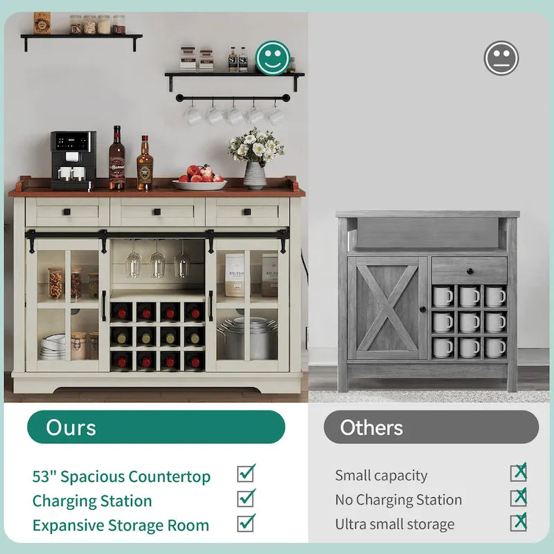 Meuble buffet de ferme avec porte coulissante style grange, porte-bouteilles et prise USB