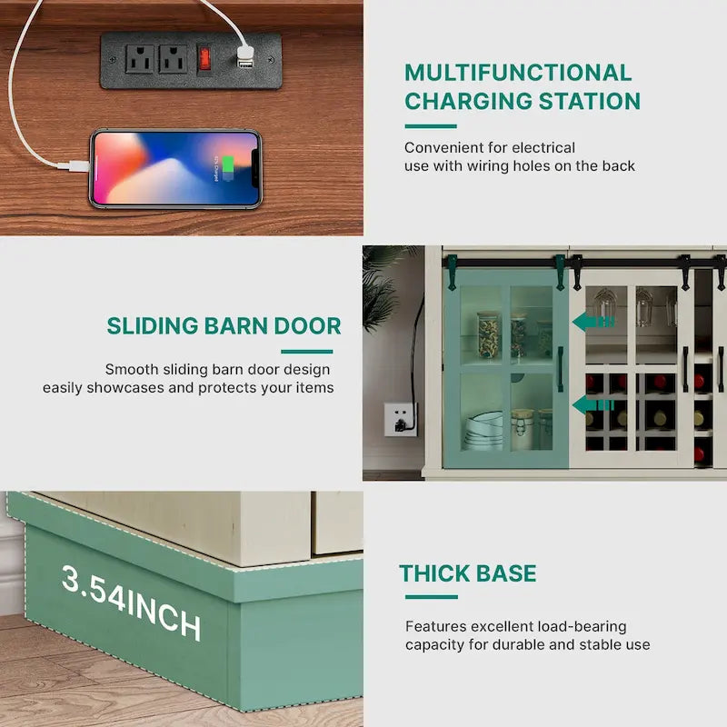 Meuble buffet de ferme avec porte coulissante style grange, porte-bouteilles et prise USB