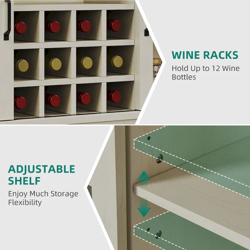 Meuble buffet de ferme avec porte coulissante style grange, porte-bouteilles et prise USB