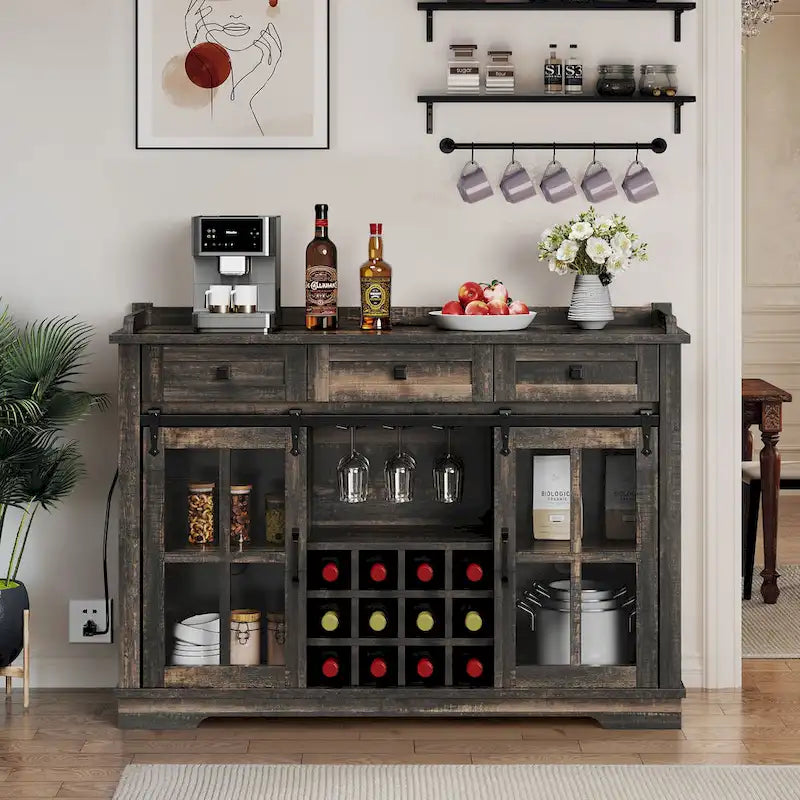 Meuble buffet de ferme avec porte coulissante style grange, porte-bouteilles et prise USB