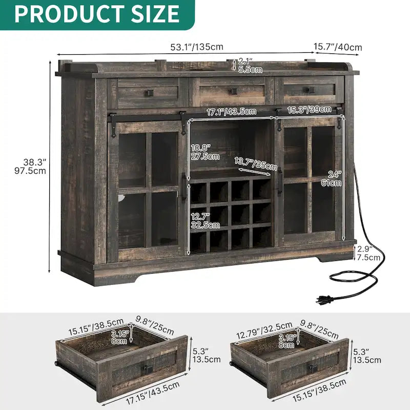 Meuble buffet de ferme avec porte coulissante style grange, porte-bouteilles et prise USB